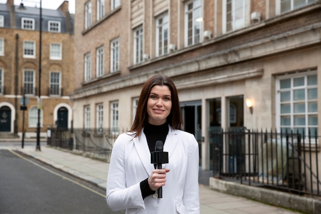 Kostenloses Foto mittlerer schuss reporter in der stadt