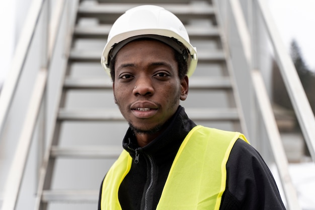 Kostenloses Foto mittlerer schuss smiley-ingenieur mit helm