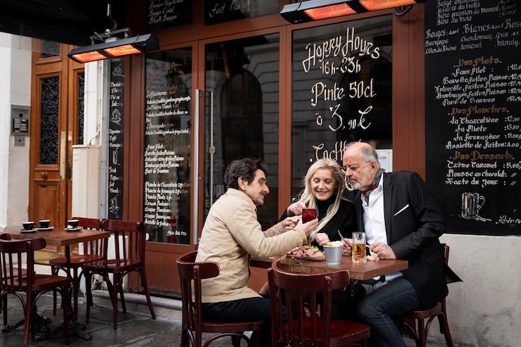 Kostenlose Foto mittlerer schuss smiley-leute mit getränken im bistro