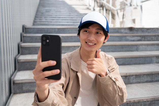 Kostenloses Foto mittlerer schuss smiley-mann, der selfie nimmt