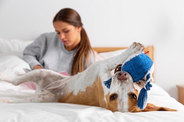 Mittlerer Schuss Teen mit Hund im Bett