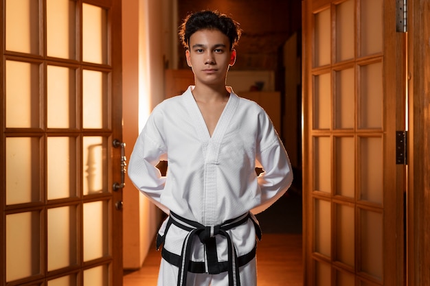 Kostenloses Foto mittlerer schussjunge übt taekwondo