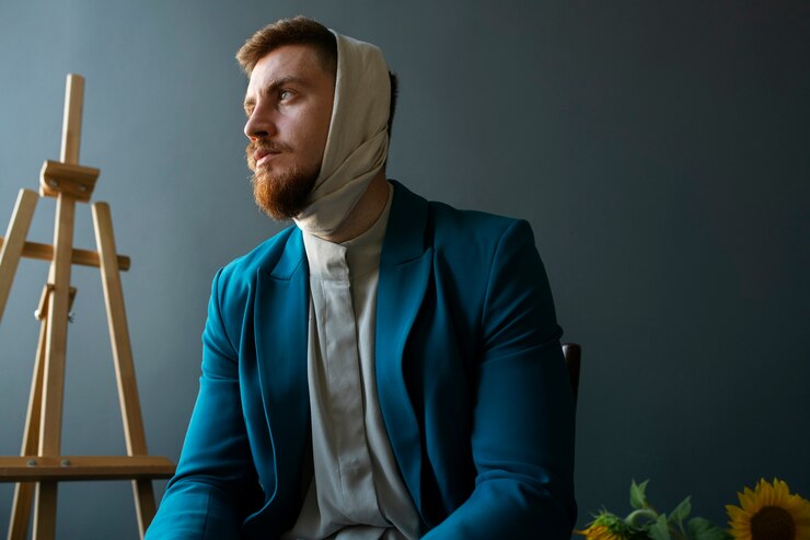 Kostenlose Foto mittlerer schussmann, der van goghs charakterisierung erschafft