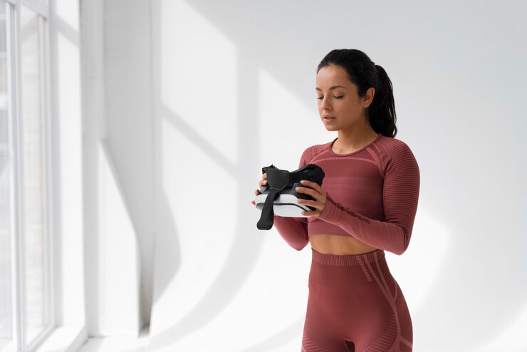 Kostenlose Foto mittleres schussfrauentraining mit vr-brille auf