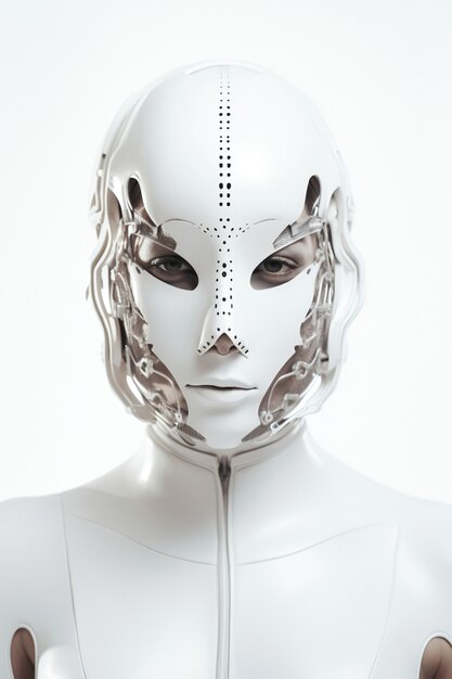Mittleres Schussmodell, das mit futuristischer Maske aufwirft