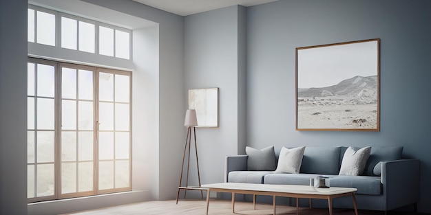 Mock-up Posterrahmen im modernen Interieur Hintergrund Wohnzimmer im skandinavischen Stil Generative KI-Illustration