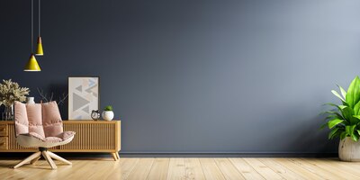 Mock-up wohnzimmer mit sessel auf leerem dunkelblauem wandhintergrund. 3d-rendering