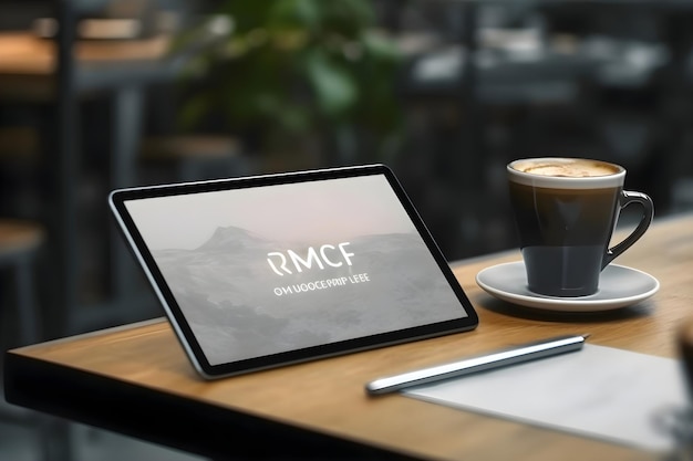 Kostenloses Foto mockup-bild eines tablet-pcs und einer kaffeetasse auf einem holztisch im café