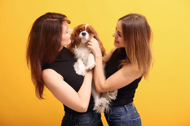 Mode junge Frauen, die mit Hund aufwerfen