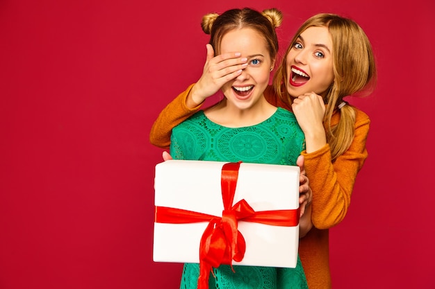 Model bedeckt die Augen ihrer Freundin und gibt ihr eine große Geschenkbox