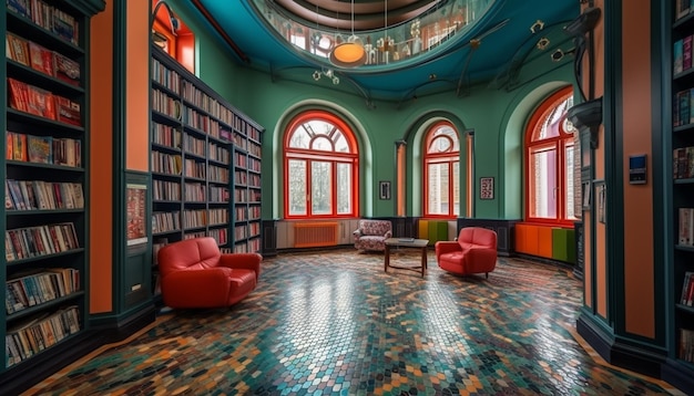 Moderne alte Literatur der Luxusapartmentbibliothek, die von KI generiert wird