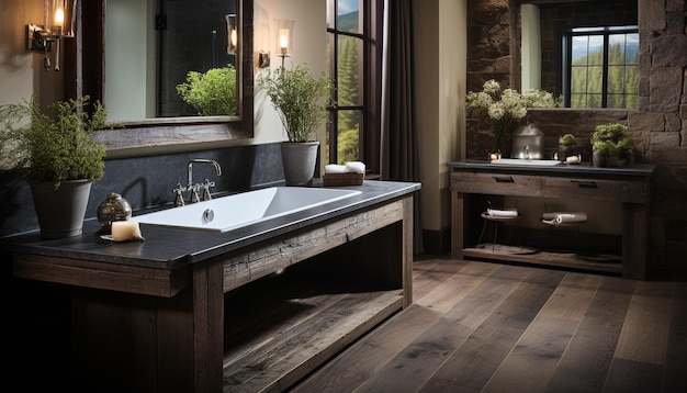 Moderne Luxuswohneinrichtung mit elegantem Holzdesign und Marmorbadewanne, generiert durch künstliche Intelligenz