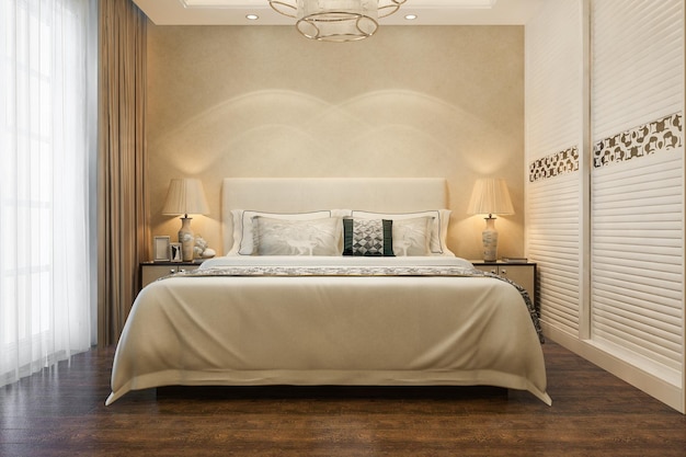 Moderne Luxuxschlafzimmersuite der Wiedergabe 3d im Hotel mit Garderobe und gehen herein Wandschrank