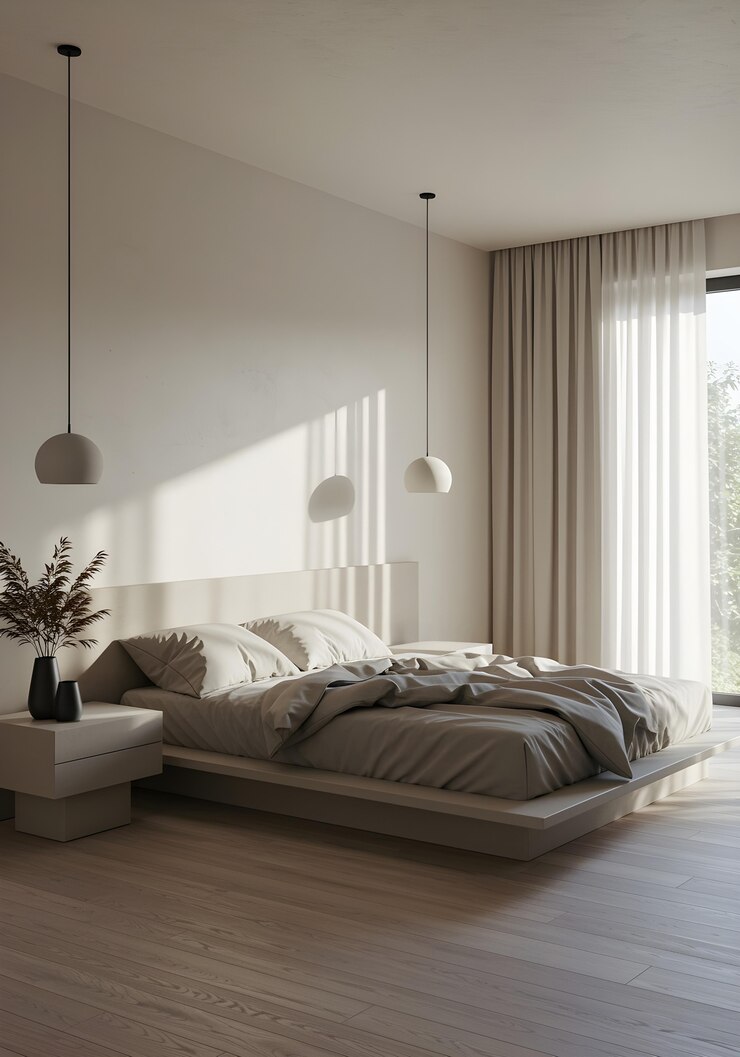 Moderne Schlafzimmer-Interieur mit natürlichem Licht und minimalistischem Design