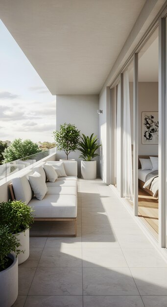 Moderner Balkon mit bequemem Sofa und Topfpflanzen