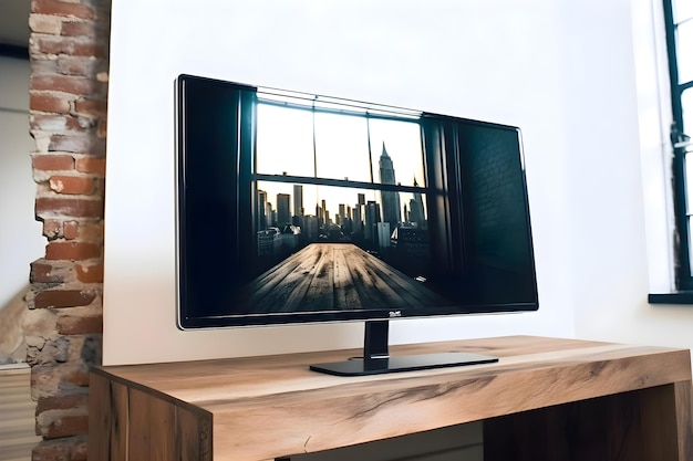 Kostenloses Foto moderner fernseher auf dem tisch im wohnzimmer mit blick auf die stadt
