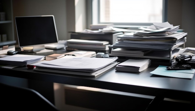 Kostenloses Foto moderner geschäftsmann, der an seinem büroschreibtisch an unordentlichem papierkram arbeitet, der von ki generiert wurde