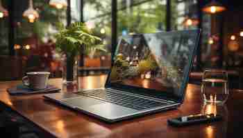 Kostenloses Foto moderner schreibtisch mit laptop-kaffee und stadtblick durch ein durch künstliche intelligenz generiertes fenster