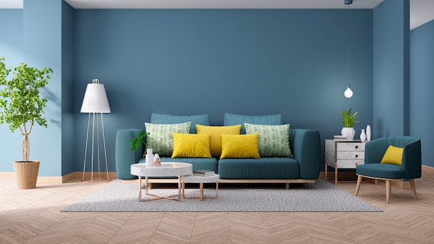 Moderner weinleseinnenraum des wohnzimmers, planhauptdekorkonzept, grüne couch mit marmortabelle auf blauer wand und massivholzboden, 3d übertragen Premium Fotos