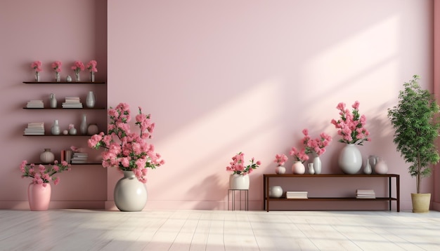 Modernes Apartment mit bequemen rosafarbenen Blumenmöbeln und elegantem Design durch künstliche Intelligenz
