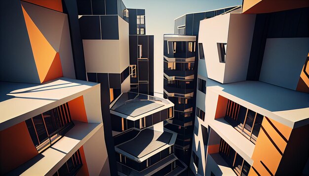 Modernes Architekturdesign auf Wolkenkratzer mit abstraktem Hintergrund generativer KI