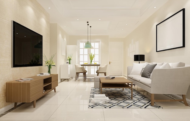 Modernes Esszimmer und Wohnzimmer mit Luxusdekor der Wiedergabe 3d