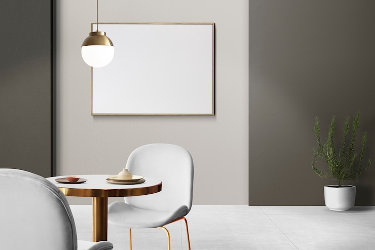 Kostenlose Foto modernes, luxuriöses, authentisches esszimmer-innendesign mit einem leeren bilderrahmen