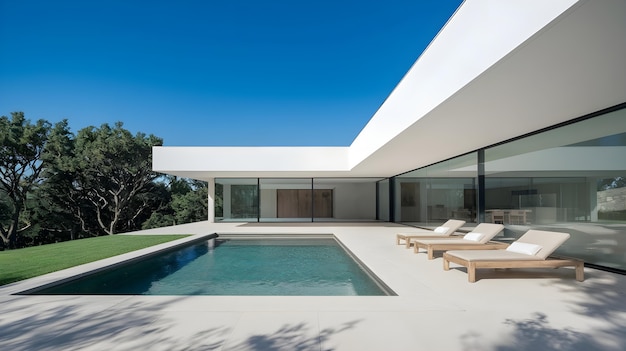 Modernes minimalistisches Haus mit Pool und Liegestühlen