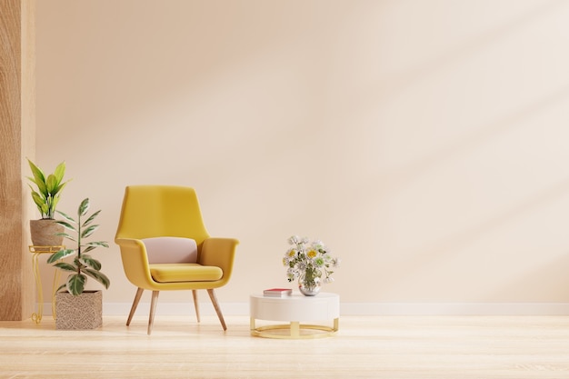 Modernes minimalistisches interieur mit einem sessel auf leerem cremefarbenem wandhintergrund. 3d-rendering