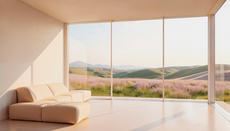 Kostenlose Foto modernes minimalistisches wohnzimmer mit atemberaubender aussicht