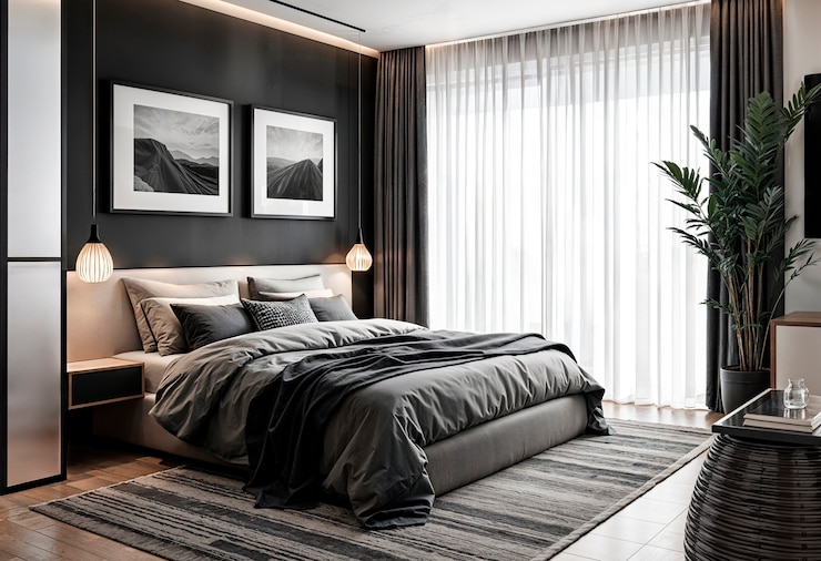 Kostenlose Foto modernes schlafzimmerinterieur mit grauen akzenten