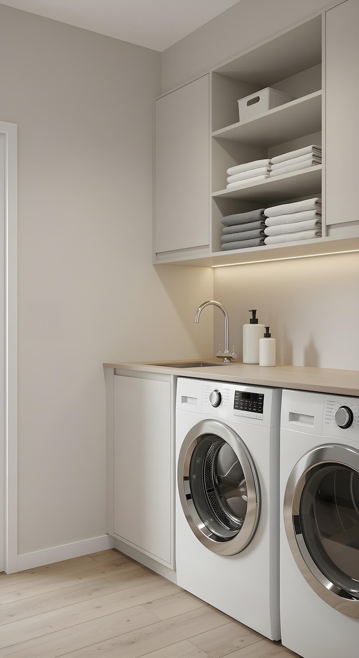 Modernes Waschzimmer mit weißen Waschmaschinen und Aufbewahrung