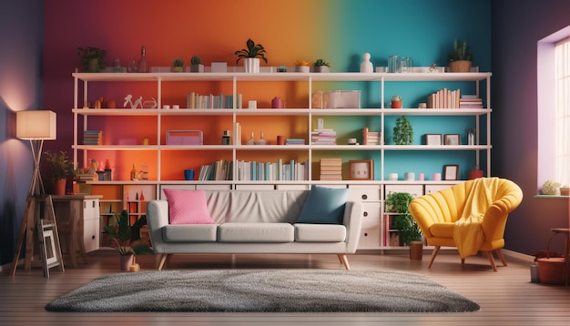 Kostenloses Foto modernes wohnzimmer mit bequemem sofa-bücherregal und elegantem, von ki generiertem dekor