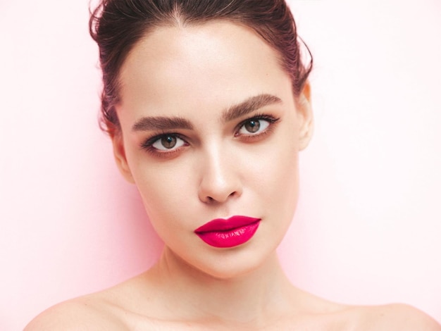 Modeschönheitsporträt einer jungen brünetten Frau mit stilvollem Make-up am Abend und perfekt sauberer Haut Sexy Model mit Haaren in einem Brötchen, das im Studio posiert Mit rosa hellen natürlichen Lippen