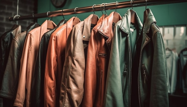 Modische Jacken in einer Reihe in einem von KI generierten Bekleidungsgeschäft