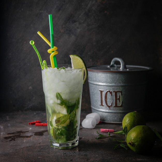 Mojito-Cocktail von der Seite mit Minze, Limette, Eis, Eiskübel