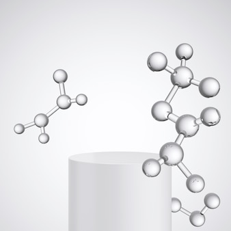 Molekül auf weißer wand mit display-podium für kosmetischen produktstand, 3d-rendering.