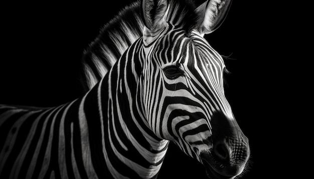 Monochrom gestreiftes Zebra steht auf schwarzem Hintergrund, der von KI generiert wird