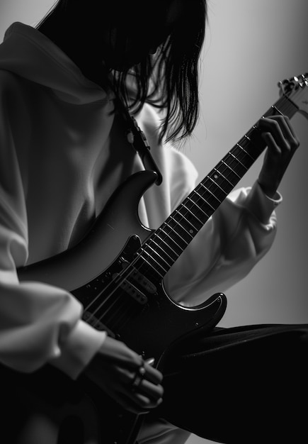 Monochrome Ansicht einer Person, die E-Gitarre spielt