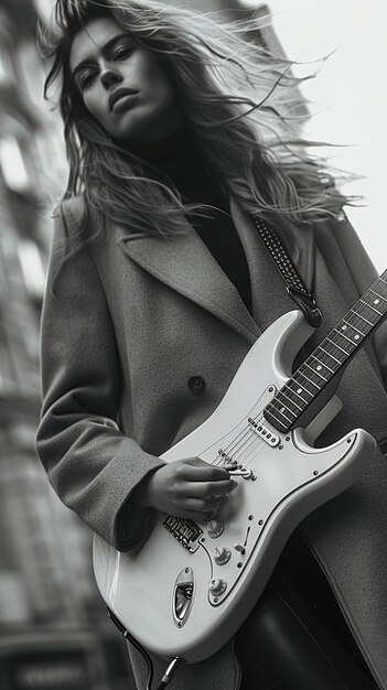 Monochrome Ansicht einer Person, die E-Gitarre spielt