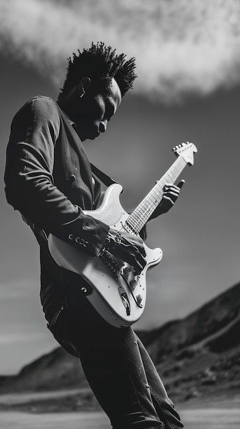 Monochrome Ansicht einer Person, die E-Gitarre spielt