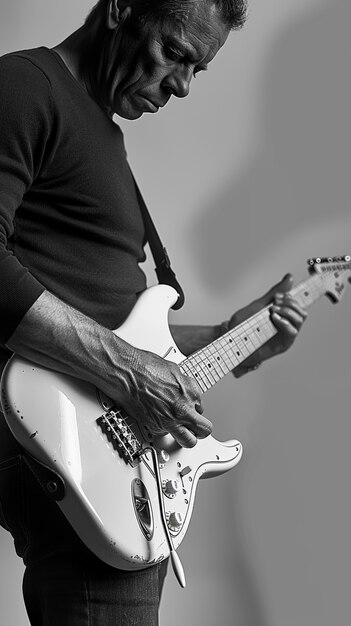 Monochrome Ansicht einer Person, die E-Gitarre spielt