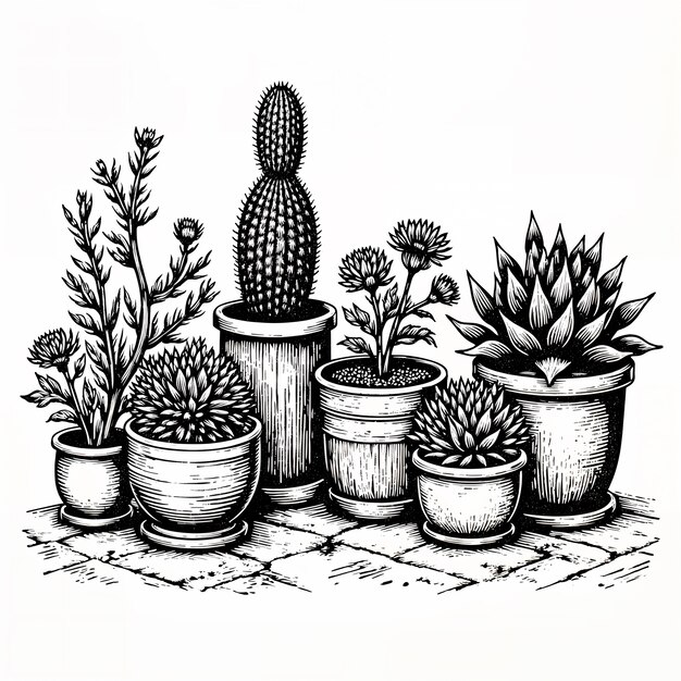 Monochrome botanical illustration of potted plants