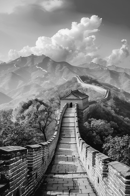 Kostenloses Foto monochrome view of the historic great wall of china