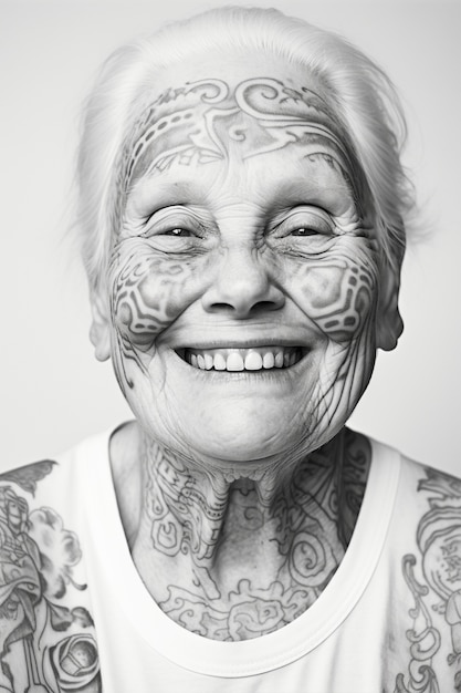 Monochromes Porträt einer Frau mit Tätowierungen