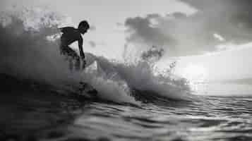 Kostenloses Foto monochromes porträt einer person, die unter den wellen surft