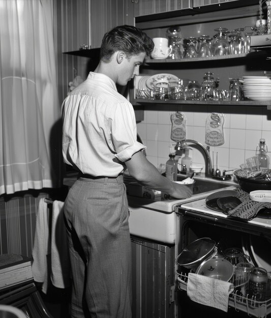 Monochromes Porträt eines Retro-Mannes, der Hausarbeiten und Hausarbeiten erledigt