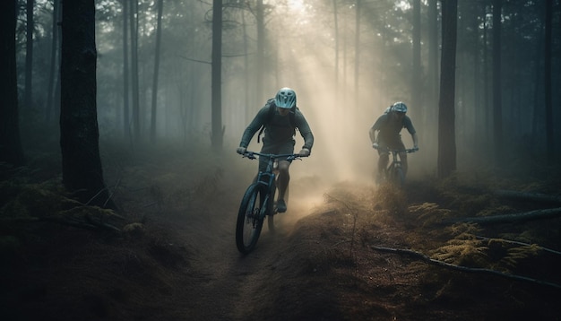 Mountainbiker rasen durch von KI erzeugtes nebliges Waldgelände