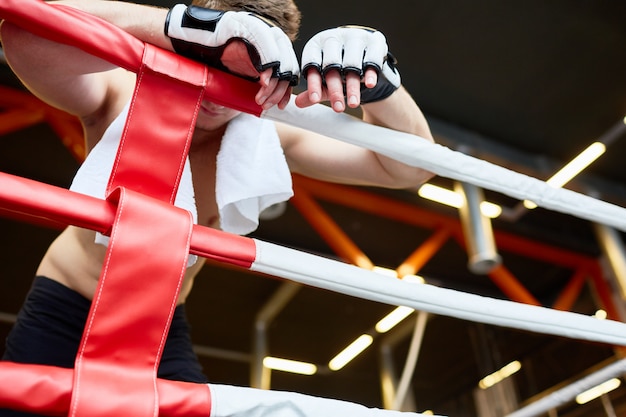 Müder Boxer, der gegen Ring Ropes stillsteht