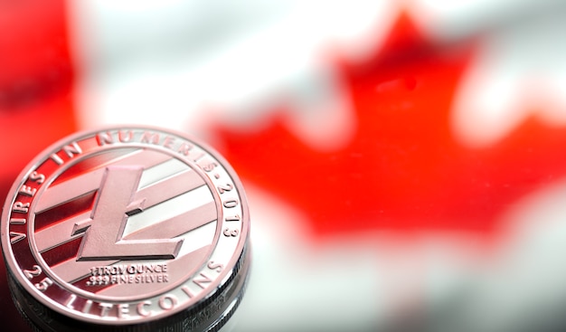 Münzen Litecoin, vor dem Hintergrund der kanadischen Flagge, Konzept des virtuellen Geldes, Nahaufnahme.